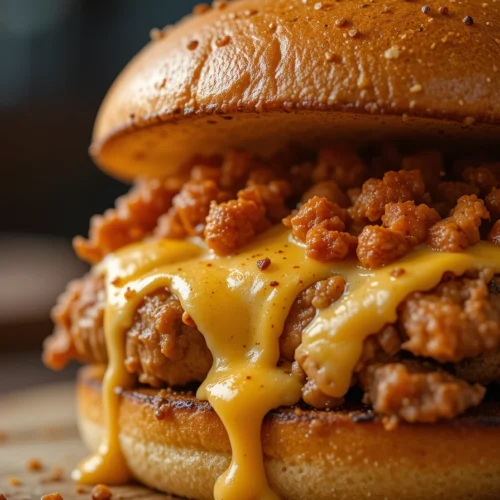Juicy Cajun Chicken Sloppy Joe topped with spicy sauce and herbs on a toasted bun