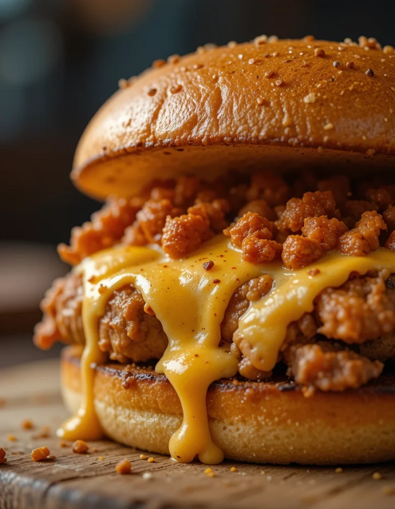 Juicy Cajun Chicken Sloppy Joe topped with spicy sauce and herbs on a toasted bun


