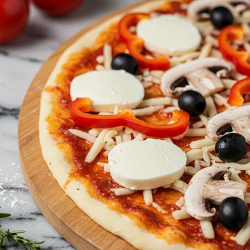 gluten free pizza crust with melty cheese and toppings